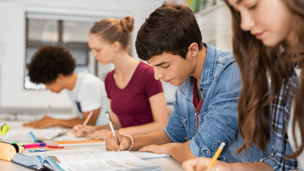 A row of language students working in silence
