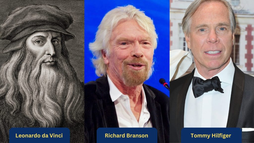 Photos of Leonardo da Vinci, Richard Branson, and Tommy Hilfiger