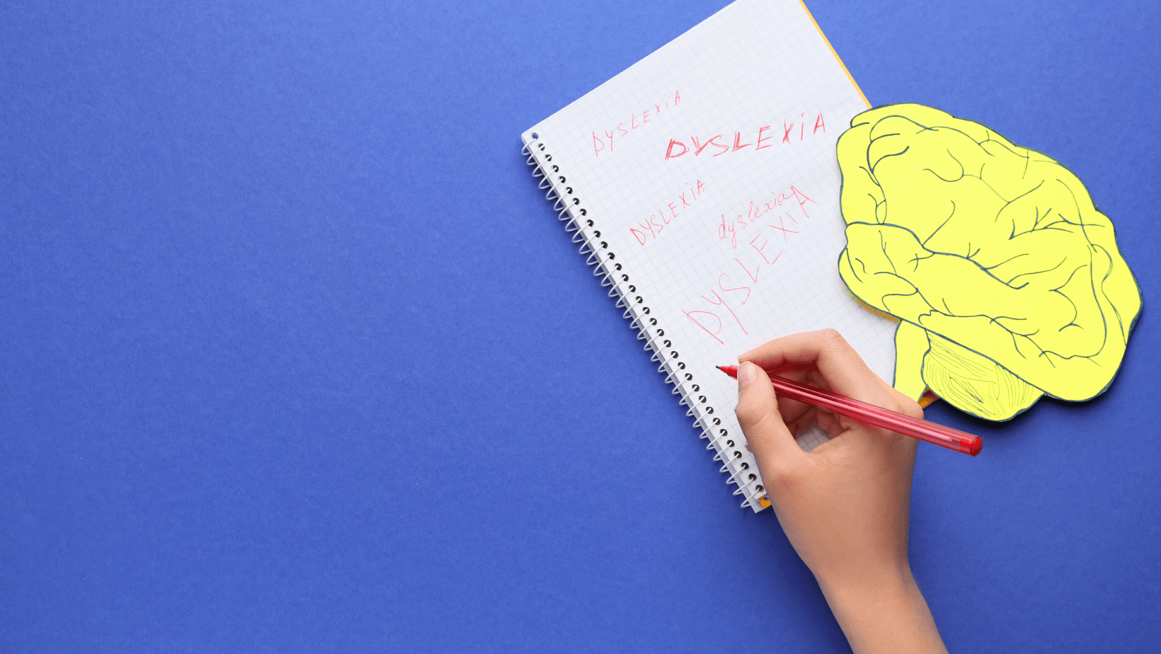 notebook with dyslexia written and an iage of a brain