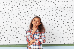 Girl and letters around her